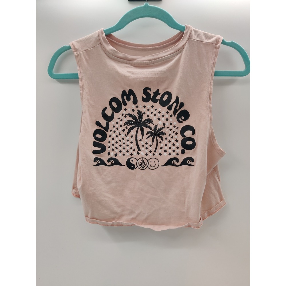 Volcom Stone Co Peach Pink Organic Cotton Crop Tank Top Palm Tree Graphic Small
